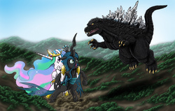 Size: 4918x3137 | Tagged: safe, artist:kaijukid, artist:kingshisa08, princess celestia, queen chrysalis, alicorn, changeling, kaiju, pony, g4, celestizilla, chrysabuse, crossover, fight, giant pony, godzilla, godzilla (series), godzillestia, mythology gag