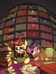 Size: 2000x2637 | Tagged: safe, artist:stupchek, moondancer, twilight sparkle, pony, unicorn, amending fences, book, book title humor, bookshelf, clothes, cute, dancerbetes, duo, female, glasses, high res, lamp, library, mare, mood contrast, quill, reading, scroll, taped glasses, twiabetes, varying degrees of amusement