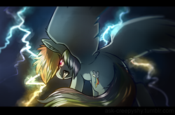 Size: 906x594 | Tagged: safe, artist:suplolnope, rainbow dash, g4, backwards cutie mark, female, gritted teeth, lightning, rage, solo, spread wings