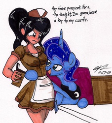 Size: 1049x1157 | Tagged: safe, artist:newyorkx3, princess luna, human, g4, dialogue, female, flirting, human female, prince artemis, rule 63, traditional art, waitress