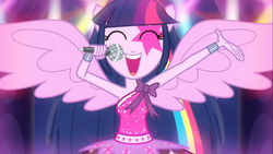 Size: 1366x768 | Tagged: safe, twilight sparkle, equestria girls, g4, perfect day for fun, armpits, cute, eyes closed, happy, microphone, open mouth, ponied up, rainbow rocks outfit, singing, twiabetes, twilight sparkle (alicorn)