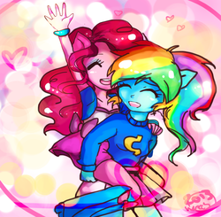 Size: 2500x2453 | Tagged: safe, artist:wendysakana, pinkie pie, rainbow dash, equestria girls, g4, carrying, clothes, eared humanization, female, high res, humanized, lesbian, piggyback ride, ponied up, ship:pinkiedash, shipping, skirt, wondercolts