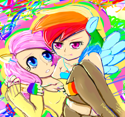 Size: 3941x3700 | Tagged: safe, artist:wendysakana, fluttershy, rainbow dash, human, g4, carrying, female, high res, humanized, lesbian, nail polish, ship:flutterdash, shipping, tongue out