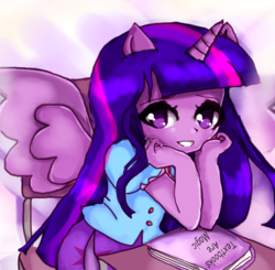 Size: 4080x4000 | Tagged: safe, artist:wendysakana, twilight sparkle, equestria girls, g4, book, cute, female, horn, ponied up, school, solo, twiabetes, twilight sparkle (alicorn)