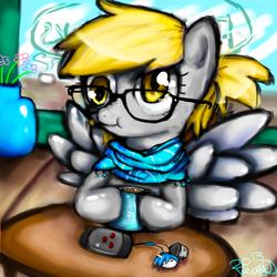 Size: 4000x4000 | Tagged: safe, artist:wendysakana, derpy hooves, dj pon-3, octavia melody, vinyl scratch, pegasus, pony, g4, clothes, coffee, female, flower, glasses, hipster, keychain, mare, phone, scarf, solo