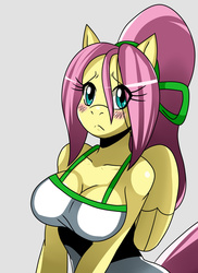 Size: 1244x1708 | Tagged: safe, artist:ss2sonic, fluttershy, pegasus, anthro, g4, arm boob squeeze, blushing, breasts, busty fluttershy, cleavage, female, high ponytail, mare, ponytail, simple background, solo, stupid sexy fluttershy