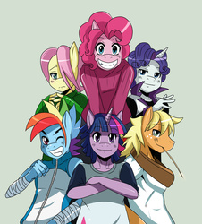 Size: 1996x2205 | Tagged: safe, artist:ss2sonic, applejack, fluttershy, pinkie pie, rainbow dash, rarity, twilight sparkle, anthro, g4, applejack (male), bubble berry, butterscotch, clothes, dusk shine, elusive, female, looking at you, rainbow blitz, rule 63, simple background, smiling