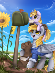 Size: 2550x3389 | Tagged: safe, artist:pridark, derpy hooves, dinky hooves, pegasus, pony, g4, equestria's best mother, female, high res, letter, mailbag, mailbox, mare, mouth hold, sunflower