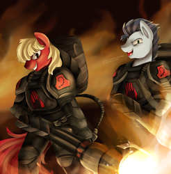 Size: 3046x3093 | Tagged: safe, artist:pridark, soarin', oc, oc:sharpy, anthro, g4, black hand, black hand trooper, brotherhood of nod, command and conquer, crossover, fire, flamethrower, high res, sexy, stupid sexy soarin', talking, weapon