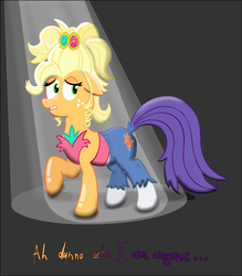 Size: 1270x1450 | Tagged: safe, artist:ultrathehedgetoaster, applejack, rarity, earth pony, pony, unicorn, g4, simple ways, applejewel, body sharing, clothes, dialogue, fusion, hedgetoaster hybrid, partial body swap, rarihick, tail, tail hole, we have become one, what has science done