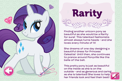 Size: 480x320 | Tagged: safe, ruckus media group, screencap, rarity, pony, unicorn, g4, my little pony: twilight sparkle teacher for a day, official, female, horn, mare, profile, solo, text