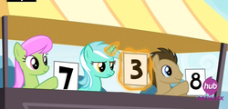Size: 1438x690 | Tagged: safe, screencap, doctor whooves, lyra heartstrings, merry may, time turner, earth pony, pony, g4, leap of faith, season 4, judges, lyra is not amused, lyra's score, male, score cards, stallion