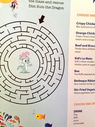 Size: 600x800 | Tagged: safe, oc, oc only, oc:dim sum the dragon, bronycon, m.a. larson, menu, meta, photo, restaurant, text, twitter