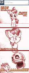 Size: 792x1957 | Tagged: safe, artist:jaxonian, apple bloom, earth pony, pony, ask fapplebloom, ask fapplebloom 3, g4, comic, cupcake, female, filly, five nights at freddy's, five nights at freddy's 4, foal, horror, nightmare, nightmare fuel, scared, scary, teeth, traditional art, tumblr