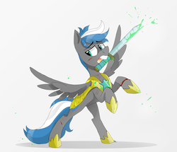 Size: 1920x1649 | Tagged: safe, artist:thevixvix, oc, oc only, oc:cloud zapper, armor, mouth hold, rearing, royal guard, solo, sword, weapon