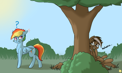 Size: 3000x1800 | Tagged: safe, artist:captainpudgemuffin, rainbow dash, oc, oc:yoshi ringo, g4, cute, floppy ears, fluffy, frown, glasses, grin, hiding, laughing, question mark, raised eyebrow, smiling, sneaking, stalker, tree
