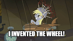 Size: 540x304 | Tagged: safe, derpy hooves, pegasus, pony, g4, slice of life (episode), airship, animated, colander, derpy being derpy, female, flying machine, mare, muffin 1, mystery science theater 3000, solo, wheel