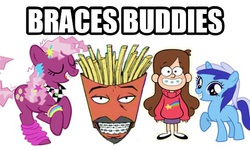 Size: 540x323 | Tagged: safe, cheerilee, minuette, earth pony, pony, unicorn, g4, 80s, 80s cheerilee, aqua teen hunger force, braces, filly minuette, frylock, gravity falls, mabel pines, male