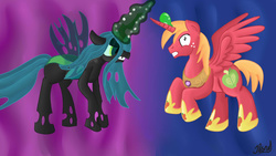Size: 1280x720 | Tagged: safe, artist:jbond, big macintosh, queen chrysalis, alicorn, changeling, changeling queen, earth pony, pony, do princesses dream of magic sheep, g4, abstract background, alicornification, alicornified, angry, bigmacicorn, duo, duo male and female, female, fight, male, princess big mac, race swap, signature, simple background