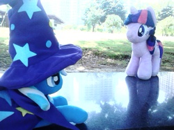 Size: 640x480 | Tagged: safe, trixie, twilight sparkle, pony, unicorn, g4, 4de, duo, female, irl, mare, outdoors, photo, plushie