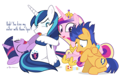 Size: 940x600 | Tagged: safe, artist:dm29, flash sentry, princess cadance, shining armor, twilight sparkle, alicorn, pegasus, pony, unicorn, g4, cute, dare, disgusted, eyes closed, female, laughing, male, mare, on back, ship:flashlight, shipping, simple background, spin the bottle, stallion, straight, transparent background, twilight sparkle (alicorn)