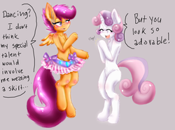 Size: 1708x1264 | Tagged: safe, artist:lamentedmusings, scootaloo, sweetie belle, pegasus, pony, unicorn, semi-anthro, g4, ballet, belly button, bipedal, blushing, clothes, dialogue, duo, duo female, eyes closed, female, filly, foal, gray background, knee blush, open mouth, open smile, simple background, skirt, smiling, tutu, wing blush