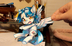 Size: 544x353 | Tagged: safe, artist:theuselesstoe, oc, oc only, oc:zack, human, pegasus, pony, craft, hand, pulling, traditional art, wing pull