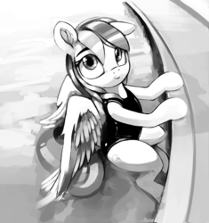 Size: 2500x2655 | Tagged: safe, artist:dimfann, rainbow dash, g4, backwards cutie mark, clothes, female, grayscale, high res, looking at you, looking up, looking up at you, monochrome, one-piece swimsuit, smiling, solo, swimming pool, swimsuit