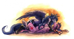 Size: 1280x677 | Tagged: safe, artist:kenket, princess luna, twilight sparkle, alicorn, pony, g4, clothes, cuddling, eyes closed, female, floppy ears, hug, kissing, lesbian, mare, on back, scarf, ship:twiluna, shipping, snuggling, socks, spread wings, striped socks, twilight sparkle (alicorn)