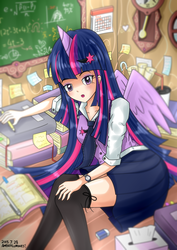 Size: 1240x1754 | Tagged: safe, artist:vanillafox2035, twilight sparkle, human, g4, clothes, female, horn, horned humanization, humanized, school uniform, skirt, socks, solo, thigh highs, twilight sparkle (alicorn), winged humanization