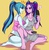 Size: 1024x1054 | Tagged: safe, artist:hisshi shoujo, aria blaze, sonata dusk, equestria girls, g4, barefoot, blushing, clothes, duo, feed me, feet, female, frilly underwear, heart, ice cream, lesbian, orange underwear, panties, ship:arisona, shipping, simple background, tank top, teary eyes, underwear, upset, yelling, yellow background