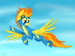 Size: 3264x2448 | Tagged: safe, artist:hilis, spitfire, pegasus, pony, g4, day, female, flying, high res, looking down, sky, solo