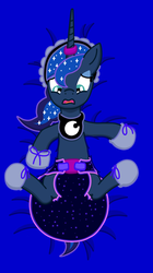 Size: 513x919 | Tagged: safe, artist:minty candy, princess luna, tantabus, pony, g4, bonnet, booties, diaper, ethereal diaper, female, horn, horn ring, magic suppression, mittens, non-baby in diaper, poofy diaper, solo