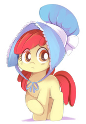 Size: 453x650 | Tagged: safe, artist:ende26, apple bloom, earth pony, pony, family appreciation day, g4, season 2, adorabloom, bonnet, cute, eye clipping through hair, female, filly, foal, frown, raised hoof, solo