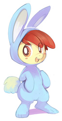 Size: 353x689 | Tagged: safe, artist:ende26, apple bloom, earth pony, pony, family appreciation day, g4, adorabloom, animal costume, bipedal, blushing, bunny costume, clothes, costume, cute, eye clipping through hair, female, filly, foal, happy, open mouth, simple background, smiling, solo, white background