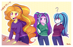 Size: 1282x838 | Tagged: safe, artist:riouku, adagio dazzle, aria blaze, sonata dusk, equestria girls, g4, angry, censored vulgarity, clothes, crossed arms, frown, grawlixes, hoodie, open mouth, question mark, the dazzlings