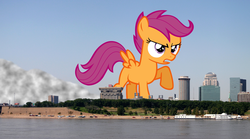 Size: 2054x1139 | Tagged: safe, artist:auskeldeo, scootaloo, pegasus, pony, g4, female, filly, giant pony, giantess, highrise ponies, irl, macro, missouri, photo, ponies in real life, st. louis