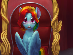 Size: 2000x1500 | Tagged: dead source, safe, artist:erudier, rainbow dash, pegasus, pony, g4, alternate hairstyle, beautiful, blushing, female, front view, mare, mirror, offscreen character, pov, rainbow dash always dresses in style, solo, wings