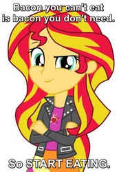 Size: 744x1073 | Tagged: safe, sunset shimmer, equestria girls, g4, bacon, female, image macro, implications, meme, neoreactionary sunset shimmer, solo, taco bell, text edit, the implications are horrible