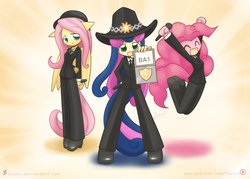 Size: 1209x866 | Tagged: safe, artist:howxu, bon bon, fluttershy, pinkie pie, sweetie drops, earth pony, anthro, g4, ambiguous facial structure, crossover, elite beat agents, rhythm game, secret agent sweetie drops, trio