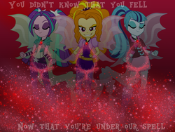 Size: 1024x768 | Tagged: safe, artist:natoumjsonic, adagio dazzle, aria blaze, sonata dusk, equestria girls, g4, eyes closed, fin wings, grin, looking at you, smiling, the dazzlings, wallpaper