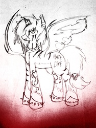 Size: 1536x2048 | Tagged: safe, artist:whitenoiseghost, oc, oc only, oc:rainbow deathblood, alicorn, bat pony, pony, alicorn oc, broken horn, horn, joke oc, solo, traditional art