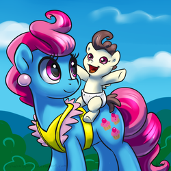 Size: 1500x1500 | Tagged: safe, artist:kp-shadowsquirrel, cup cake, pound cake, earth pony, pony, g4, baby, cute, diaper, happy, mother and son, open mouth, smiling