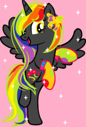 Size: 541x796 | Tagged: dead source, safe, artist:after-school, artist:moonlightblume, oc, oc only, oc:art thief, alicorn, pony, alicorn oc, base used, bow, clothes, female, hair bow, mare, multicolored hair, open mouth, open smile, rainbow hair, rainbow socks, simple background, smiling, socks, solo, sparkles, striped socks