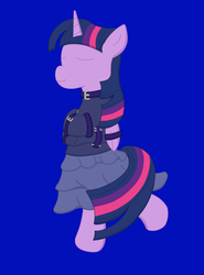 Size: 949x1280 | Tagged: safe, artist:minty candy, twilight sparkle, alicorn, pony, g4, bipedal, blue background, bondage, bound wings, clothes, dancing, dress, eyes closed, female, mare, simple background, skirt, smiling, solo, straitjacket, straps, twilight sparkle (alicorn)