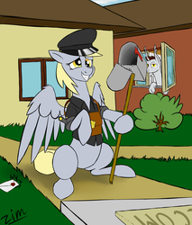 Size: 3169x3720 | Tagged: safe, artist:clot, derpy hooves, oc, oc:zim, bat pony, pony, sphinx, g4, bat sphinx, batsphinx, hat, high res, letter, mail, mailbag, mailbox, post