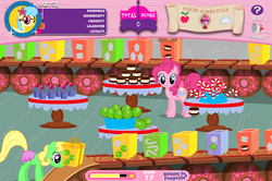 Size: 747x495 | Tagged: safe, screencap, pinkie pie, oc, oc:sketch, g4, adventures in ponyville, candy cane, cupcake, female, hungry, lollipop, pinkie pie's sweet shoppe, solo