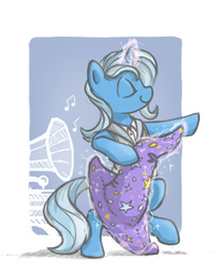 Size: 682x843 | Tagged: safe, artist:onkelscrut, trixie, pony, g4, bipedal, dancing, female, gramophone, music, music notes, solo, trixie's hat