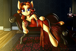 Size: 3000x2000 | Tagged: safe, artist:whisperfoot, oc, oc only, oc:carnelian, oc:carnelian clout, semi-anthro, arm hooves, bedroom eyes, blue eyes, breasts, candle, carpet, chestbreasts, china, cleavage, clothes, coffee, collarbone, commission, cup, dark, dress, evening dress, eyelashes, eyeliner, eyeshadow, fainting couch, female, high res, hoof hold, indoors, looking at you, lying down, mare, moody, sexy, side slit, smiling, solo, tea, teacup, wine