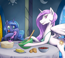 Size: 2444x2175 | Tagged: safe, artist:nauth, princess celestia, princess luna, g4, apron, cake, castle of the royal pony sisters, clothes, food, high res, sisters, tongue out
